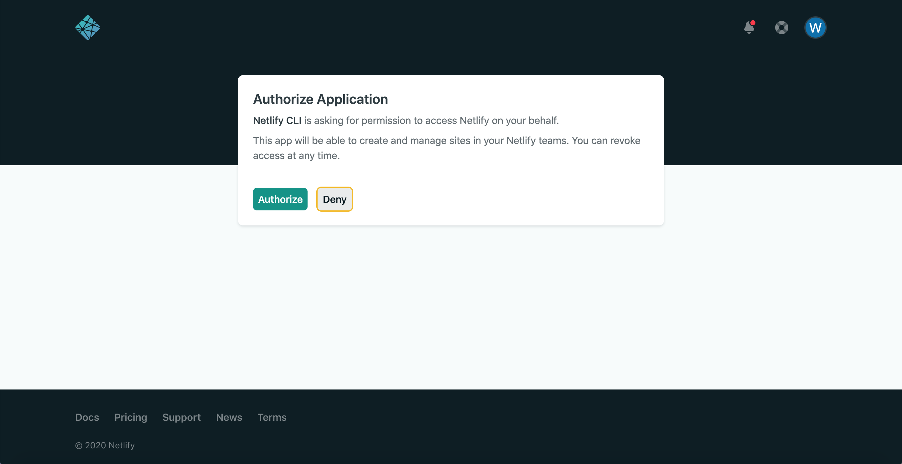 Netlify grant an access to Netlify CLI