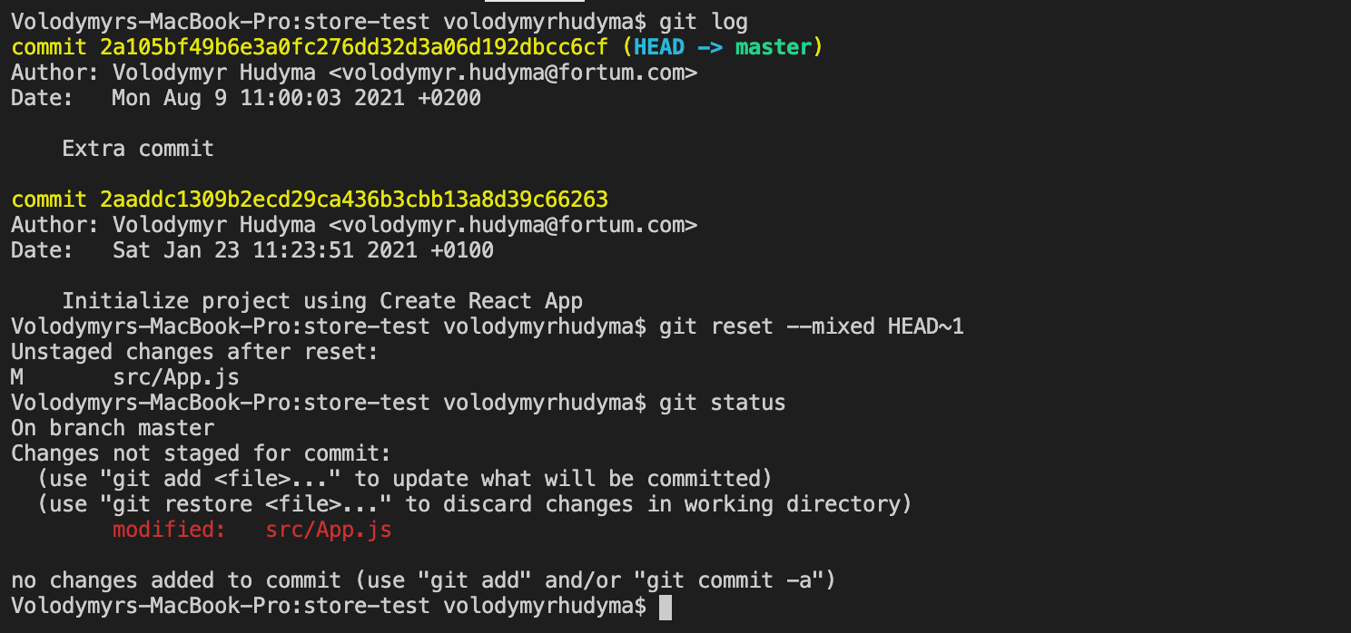 Last commit. Git commit. Git reset.