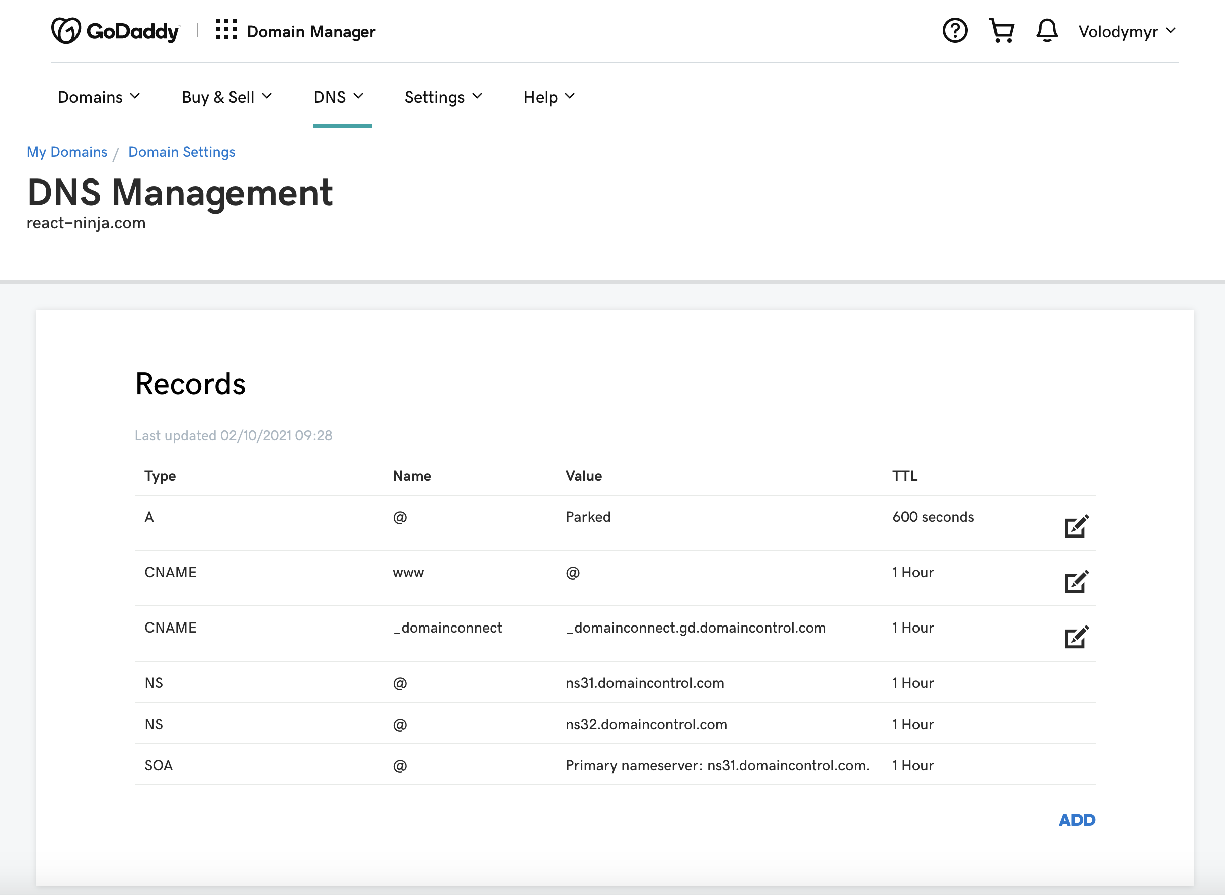 GoDaddy Manage DNS